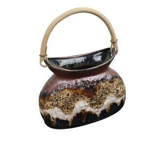 VTG Dumler Brieden 88/16 Wood Bamboo Handled Fat Lava Wide Vase Purse German